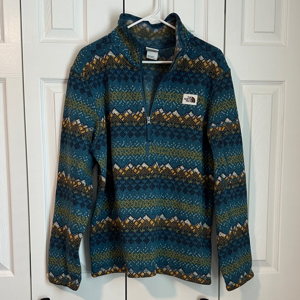 The North Face Men's Teal and Gold Patterned Half Zip-Up Sweater